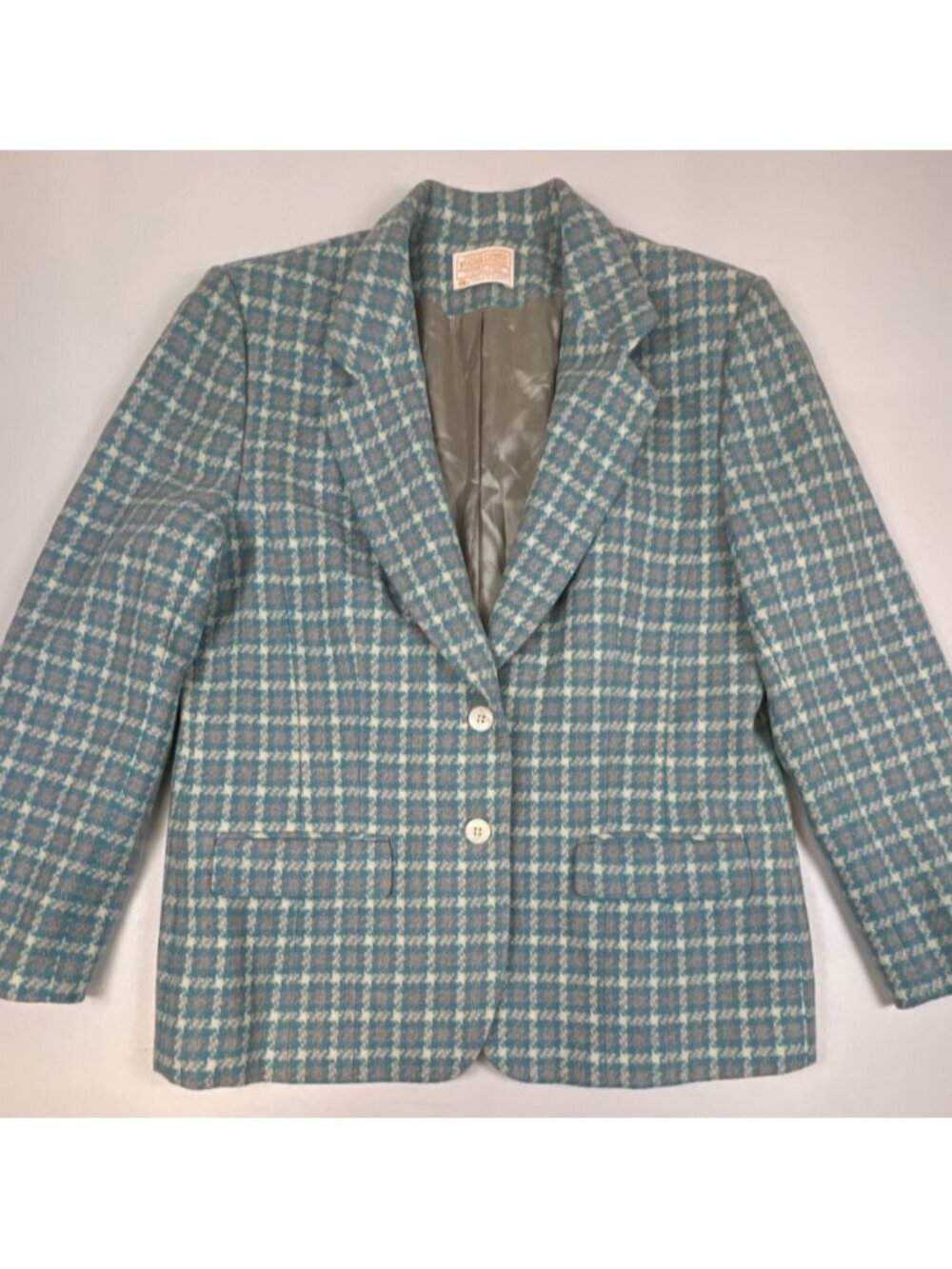 Vintage Pendleton Women 16 Blue Gray Houndstooth Check 100% Virgin Wool Blazer